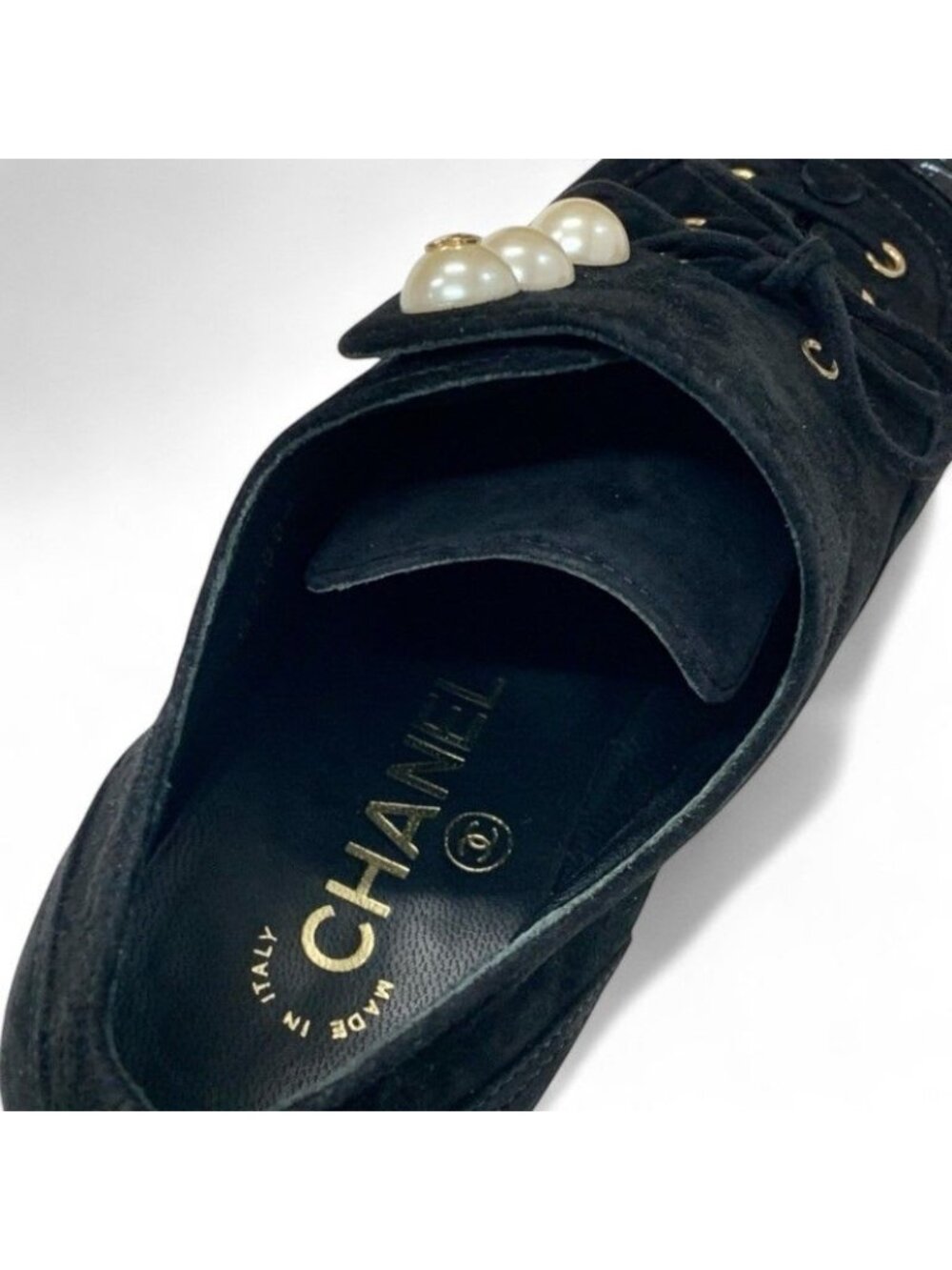 Chanel Loafers Leather Shoes Suede Patent Black Pearl Coco Mark Lace Up - Picture 7 of 10